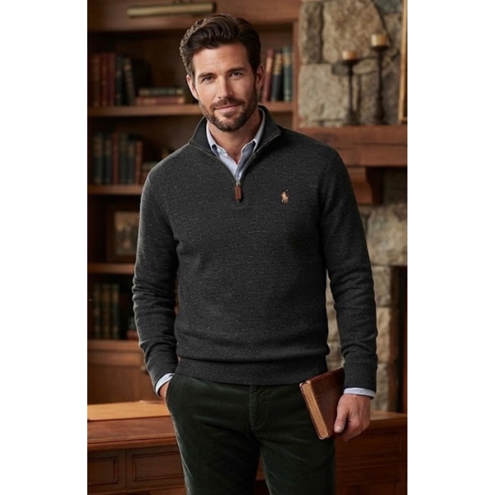 Polo Ralph Lauren Mens XL Quarter Zip Pullover Charcoal Gray Heather Sweater
